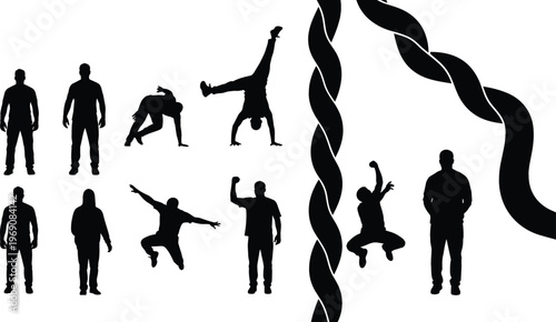 Human silhouette vector set with standing men, jumping poses, breakdance handstand, and decorative twisted rope elements