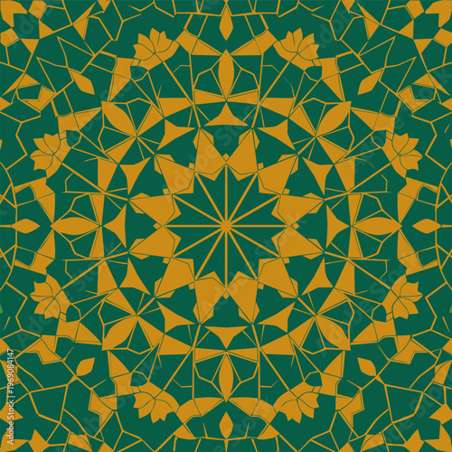 A vibrant kaleidoscope background inspired by stained-glass mosque windows, featuring a symphony of geometric shapes in deep blues, greens, and ambers