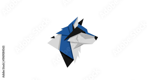 Geometric wolf head in blue and black.