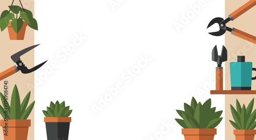 This flat vector illustration features various gardening tools and potted plants framing a central blank white space for custom text.