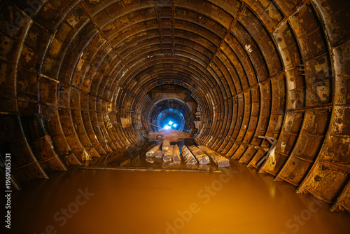 Flooded abandoned underground subway construction tunnel