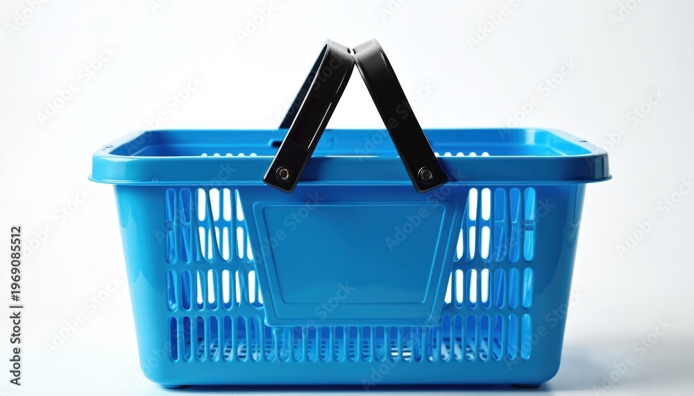 Fototapeta premium Empty blue plastic shopping basket with black handle. Object for groceries, goods, and retail purchases. Use for supermarket, market, store, or e-commerce concepts.