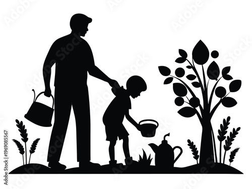 A father and child gardening together in a sunny outdoor setting.