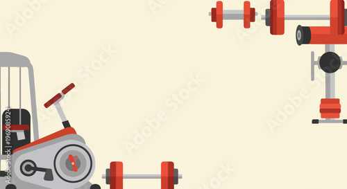 This clean vector illustration features gym essentials like an exercise bike, barbells, and weight equipment on a neutral background.