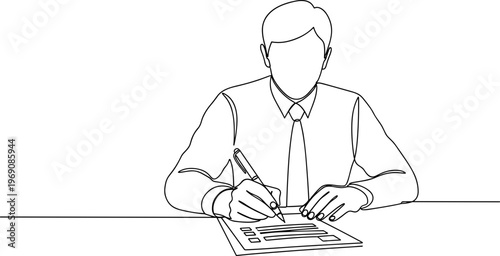 Businessman Writing on Document Sitting.