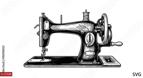 Vintage Sewing Machine Illustration - Antique Textile Craft Tool