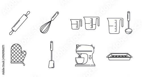 Baking Kitchen Utensils Line Art Icons Set: Rolling Pin, Whisk, Mixer, Ladle, Oven Mitt