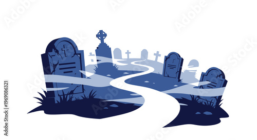 Spooky Cemetery Path with Gravestones and Fog