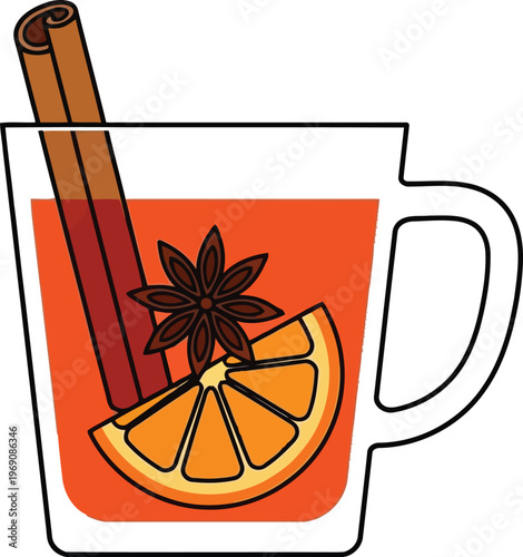 Mulled Wine In Glass Cup With Cinnamon Stick Anise Star And Orange Slice Vector Illustration