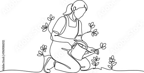 Woman Kneeling Watering Small Plants Outdoors.