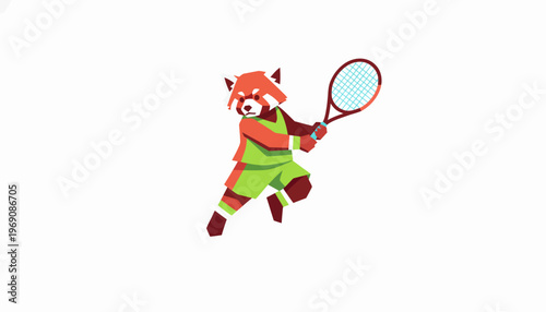Adorable cartoon red panda character energetically playing tennis, ready to strike the ball with its racket, vibrant illustration for children's sports themes or fun branding