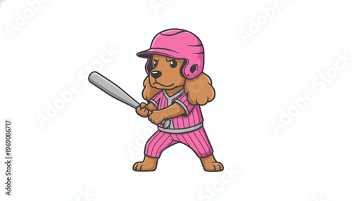 Charming cartoon dog character in a vibrant pink baseball uniform, poised to hit with its bat, showcasing a playful and determined spirit for active sports-themed designs