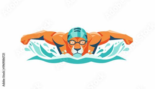 An energetic illustration of a fierce feline swimmer, sporting eyewear and a cap, making powerful waves with its butterfly stroke, embodying speed, agility, and competitive spirit