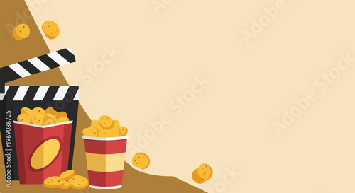 Minimalist vector illustration featuring a movie clapperboard and popcorn containers on a beige background with ample copy space.