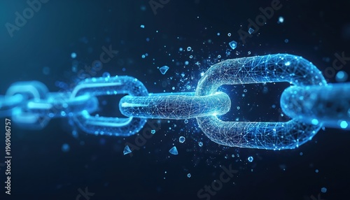 Glowing digital chain is breaking into many small particles. Futuristic abstract network connection disconnects with bright blue neon lines. Cyber security breach or data loss concept.