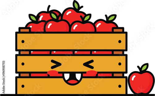 Cute Kawaii Wooden Crate Filled With Fresh Red Apples Vector Illustration For Farm Design
