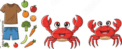 Cute crab cartoon character vector set with fruits vegetables icons and casual summer outfit clothing items