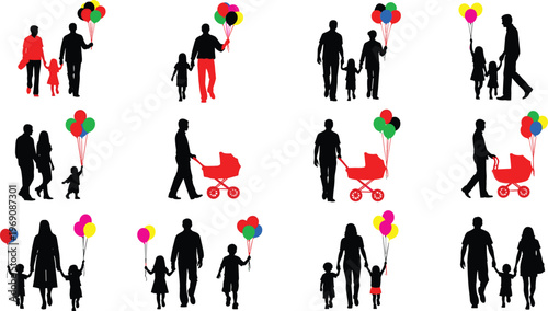Family silhouettes vector illustration set with parents and children walking, balloons, stroller, and happy family outdoor moments