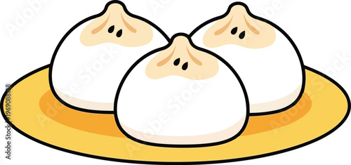 Three Steamed Dumplings Baozi Served on Yellow Plate Vector Illustration for Asian Food Menu Design