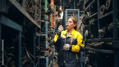 Female warehouse worker using radio and checklist inspecting spare parts in industrial storage, inventory management and maintenance workflow in automotive workshop and quality control process.
