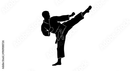 Karate silhouette, martial arts man performing high kick, black and white action pose