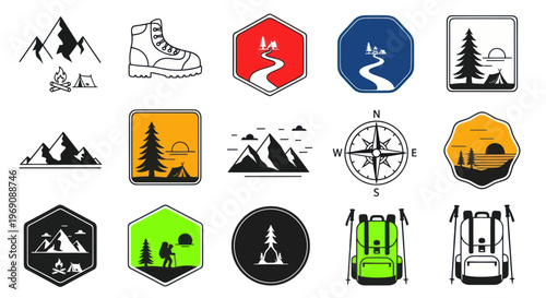 Outdoor Adventure Icons: Hiking, Camping, Mountains, Backpacks, Compass