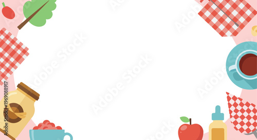 This flat vector design features a variety of food items like apples, coffee, and honey surrounding a central white space for text.