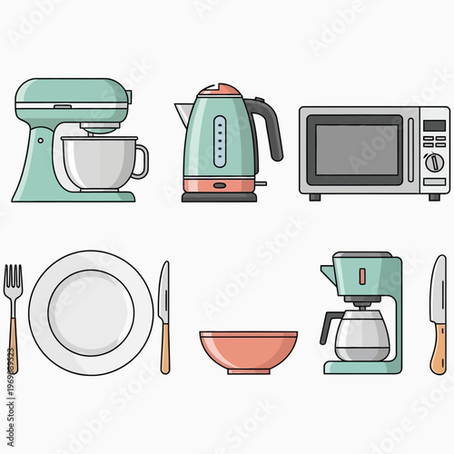 Collection of minimalist kitchen tools and dinnerware for interior food design.