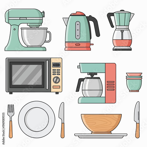 Set of modern kitchen appliances and tableware icons for home cooking design.