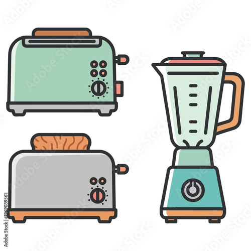 Home breakfast appliances icons including bread toasters and countertop blender.