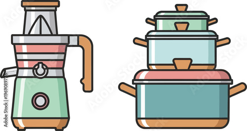 Household kitchen appliances juicer and stack of pots flat cartoon vector illustration on transparent background.