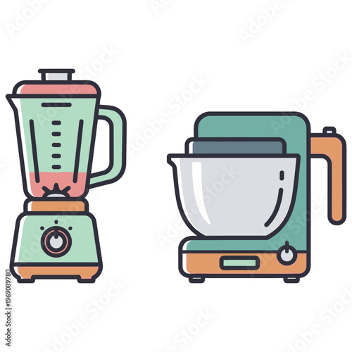 Household kitchen appliances blender and stand mixer flat cartoon vector illustration on white background.