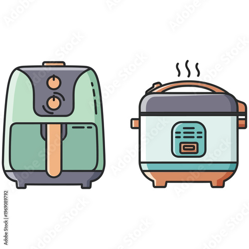Vector illustration of modern kitchen appliances including an air fryer and a rice cooker.