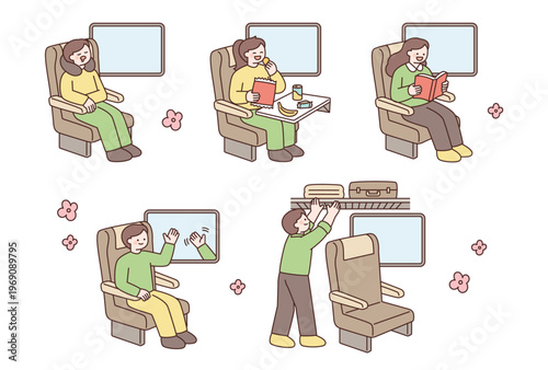 People are going on a trip by train. Reading, snacks, luggage. Cute character with a round face. 