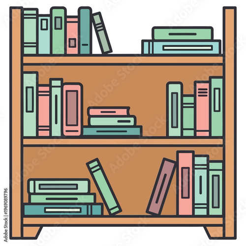 Vector illustration of a bookshelf filled with colorful books in various sizes and styles.