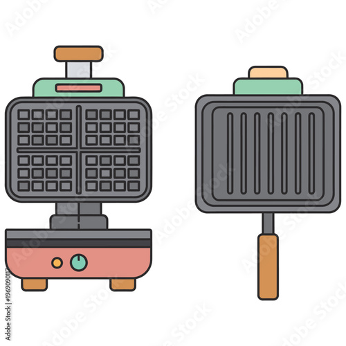 Retro style waffle maker and sandwich press set isolated on white background.
