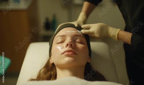 A woman receiving a facial treatment in a spa setting.