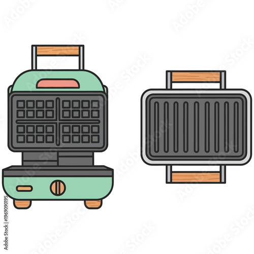 Professional waffle iron and panini press machine with wooden handles.
