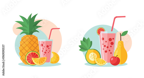 A colorful vector graphic showcasing two sets of refreshing fruit smoothies accompanied by fresh pineapple, pear, apple, and citrus slices.