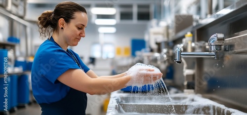 A worker washing dishes in a commercial kitchen.