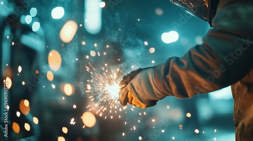 A worker welding, creating sparks in an industrial setting.