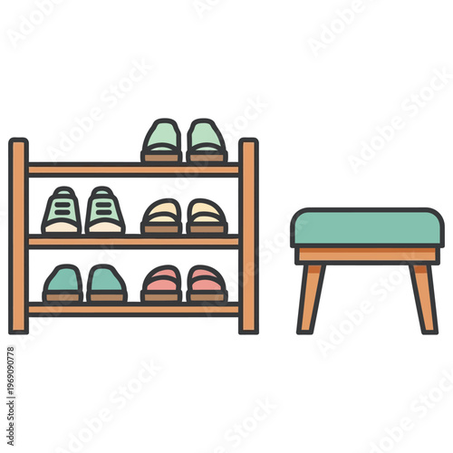 Shoe rack with slippers and small bench modern home furniture storage solution flat vector illustration.