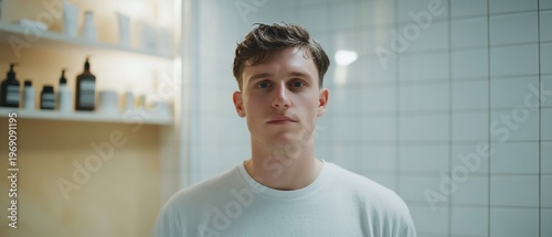 A young man stands in a modern bathroom with skincare products.