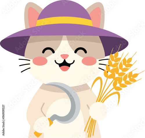 Cute Cartoon Cat Farmer Holding Wheat Sheaf and Sickle Isolated on White Background Vector Illustration