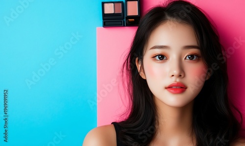 A young woman with makeup against a colorful background.