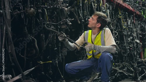 Auto mechanic selecting spare parts from storage shelves in industrial workshop, vehicle maintenance repair process in garage, engineering workflow inventory inspection in automotive service facility.