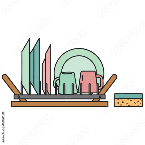 Dish drying rack with clean plates and mugs, kitchen sponge on side, vector illustration.