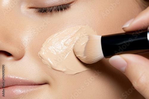 Applying foundation to a model's face with a makeup brush.