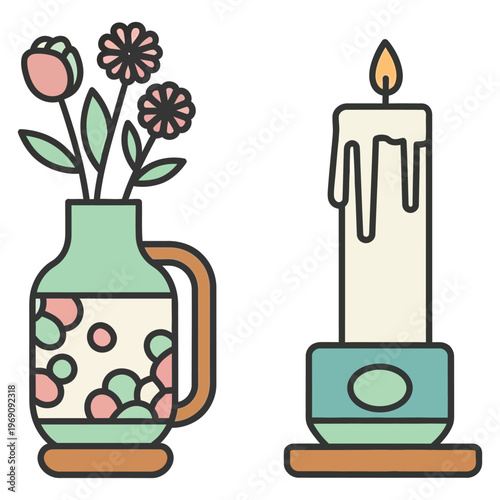 Vase with flowers and burning candle in holder, decorative items for home.