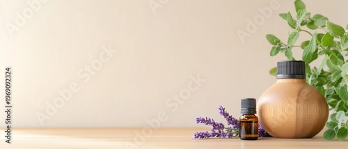 Aromatherapy setup with essential oils and fresh herbs.